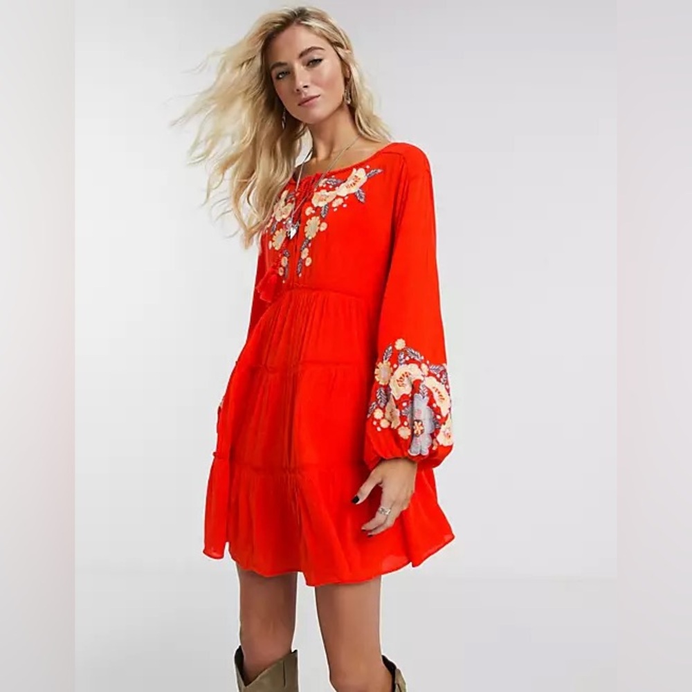 Free People Spell On You Embroidered Keyhole Dress in Poppy size xs